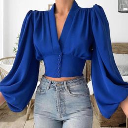 Women's Blouses Casual Shirt Comfortable Puff Long Sleeve Print Office Buttons Placket Shrinkable Cuffs Cropped Female Clothes