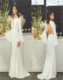 2019 Bhldn Beach Wedding Dresses Deep V Neck Sweep Train Hollow Back Bell Long Sleeves Wedding Dress Custom Elegant Bridal Gowns G6921389