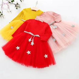 Toddler Girls Birthday Party Princess Mesh Evening Dress Long Sleeves Solid Colour Stars Kids Costumes 1 To 6 Y Children Clothes 240326