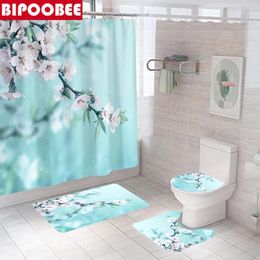 Shower Curtains Beautiful Pink Flowers Pattern Bathroom Waterproof Fabric Curtain With Hooks Toilet Cover Bath Mat Pedestal Rugs