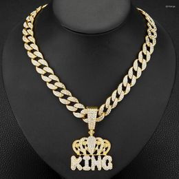 Pendant Necklaces Hip Hop 15mm Cuban Chain With Alloy And Full Rhinestone KING Crown Necklace