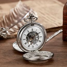 2 Sides Open Gift Carving Mechanical Pocket Watch Men Women Fob Hand Wind Double Hunter Roman Numerals 240327