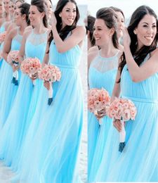 Chiffon Bridesmaid Dresses Blue 2019 Cheap Halter Neckline Pleats Floor Length Light Sky Blue Wedding Guest Dresses Gowns8858837