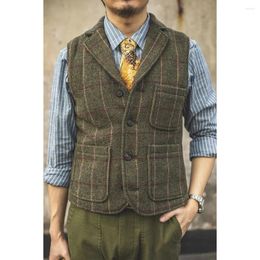 Men's Vests Red Woollen Tweed Vest Vintage Style Suit Waistcoat For Men Buckle Back