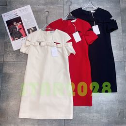 Luxury Women Girls Runway Dress Bow Hollowed Out Outfits Gown Shirts Dress Straight Dress Round NECK T-shirt Dress Tees Classic Summer Shirt Short Sleeve Dress S-XL