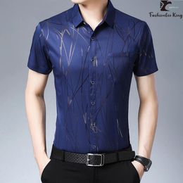 Men's Casual Shirts Summer Short Sleeve Silk Fashion Print Dress Tops Slim Fit Men Clothing