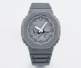 Grey Men's Quartz Sports Waterproof Digital Watch Cold Light Dual Display World Time PU Band9350653