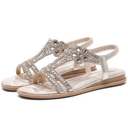 HBP Non-Brand Dropshipping Custom Womens T-Strap Beaded Flower Rhinestone Flat Sandals Casual Dress Beach Shoes for Ladies