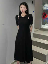 Party Dresses Summer Harajuku Style Streetwear Babes A-Line Long Vintage Hollow Out Short Sleeve Straight Black Mid-Calf