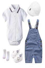 Newborn Boy Summer Clothes Set Cotton Kids Birthday Dress White Infant Outfit Hat Romper Overall Socks 5 PCS3788453