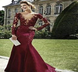 2020 New Vestidos De Dark Red Evening Dress Burgundy Long Sleeves Lace beads Mermaid Prom Dress Deep V Neck Formal Gown7312608