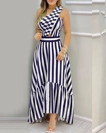 Summer Women Fashion One Shoulder Striped Colorblock Sleeveless Asymmetric High Waist Casual Office Maxi Dresses 240408