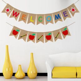 Decorative Flowers Party Pull Flag School First Day Bunting Welocme Swallowtail Starting Banner Burlap