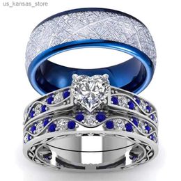 Cluster Rings Fashion Couple Rings - Romantic Women Heart Zircon Stone Rings Set Mens Blue Stainless Steel Ring Wedding Party Jewellery Gifts240408