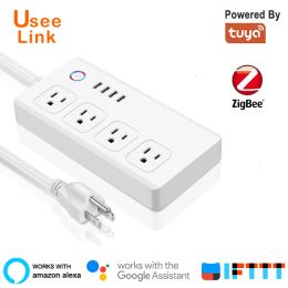 Adaptors Zigbee Smart Power Strip Power Bar Multiple Outlet Extension Cord with 4 Usb and 4 Individual Controlled Ac Plugs by Tuya