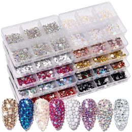 1 Box Crystal Nail Art Rhinestone Gold Silver Clear All Colour Flat Bottom Mixed Shape DIY Nail Art 3D Decoration In 6cell pot