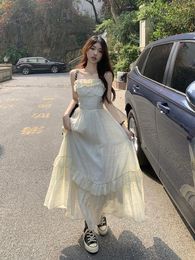 Casual Dresses Beige Party Dress Vintage Women Korean Fashion Ruffles Long Female 2024 Summer Sleeveless Holiday Beach