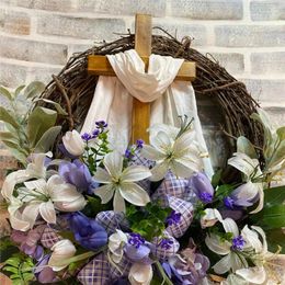 Decorative Flowers Cross Sign Easter Artificial Wreath Hanging Decorations With Bow Tie For Farmhouse Front Door Porch Wall Decor Holiday