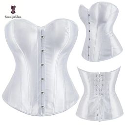 Satin Fabric Body Shapewear Overbust Corselet Slimming Waist Shaper Lacing Ribbon Women Corset Bustier With G String 818# 240407
