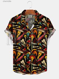 Men's Casual Shirts Fun and sexy mushroom printed short sleeved shirt with oversized stretch car music Aloha shirt yq240408
