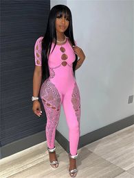 Club Outfits Streetwear Jumpsuits for Women Short Sleeve Bodycon Rompers Jumpsuit Skinny Pink Mesh See Though Overalls 240403