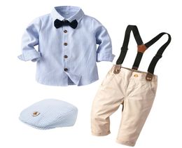 Children Clothes Casual Boys Set with Hat Striped Shirt Tie Pants Belt 5 Pcs Baby Kids LongSleeves Dress1691088