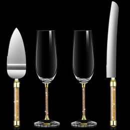4 Pcs Including 2 Champagne Glasses 1 Knife and Shovel in box Wedding Toasting Flutes Cake Server Set Glittering Bead Supplies 240408