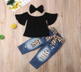 3PCS Baby Girls Toddler Pineapple Clothes Kids Off Shoulder Tops Leopard Headband Denim Shorts Outfits Set8756271