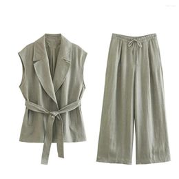 Women's Two Piece Pants 2024 High Temperament Fashion Casual Waist Wide Leg Trouser Belt Linen Vest Set
