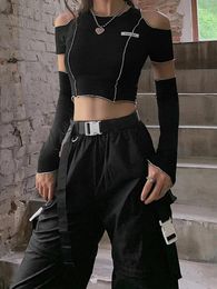 Women's T Shirts Patchwork Black T-shirts Gothic One Shoulder Sleeve Crop Tops Ruffles Hem Hip Hop Techwear Women Tees