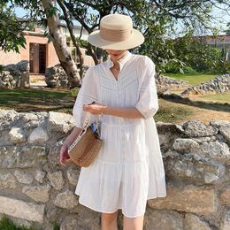 Casual Dresses Bohemian V-Neck Rufled White Mini Shirt Dress With Belt 2024 In Spring/Summer Vacation High Waist Loose Clothes