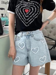 Women's Shorts Jeans Mini Summer Denim Women Love Embroidery Fashion High Waist Ladies Trousers Loose Wide Leg Korean Style Woman