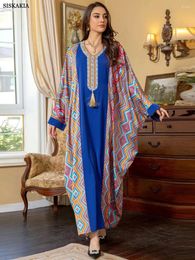 Ethnic Clothing Siskakia Batwing Sleeve Contrast Color Casual Abayas Muslim Ramadan Women Dresses Moroccan Saudi Kaftan Arab Robe Islam