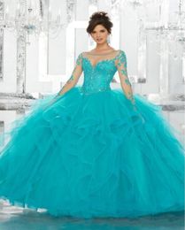 Vintage Quinceanera Dresses Lace Applique Sequins Long Sleeve Blue Ball Gown Tulle Plus Size Sweet 15 Gowns6911340