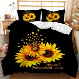Bedding Sets Sunflower Duvet Cover Set Yellow Flower Botanical Floral Garden Bloom Print On Black Polyester Quilt