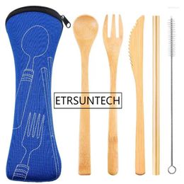 Drinking Straws Reusable Bamboo Straw Spoon Fork Knife With Clean Brush & Cloth Bag Wedding Party Set