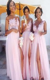 Africa Country Bridesmaid Dresses 2020 A line Side Split Cap Sleeve Appliques Pink Garden Wedding Guest Gowns Maid Of Honour Dress 5534551