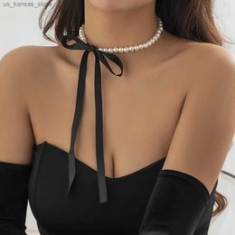 Pendant Necklaces Salircon Korean Romantic Imitation Pearl Beaded Choker Fashion Black Velvet Adjustable Bow Necklace Banquet Wedding Jewelry240408