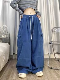Women's Jeans 2023 Korean Y2K Fashion Drawstring Casual Baggy Cargo Jeans Pants Women Clothing Straight Wide Leg Sweatpants Female Trousers Y240408
