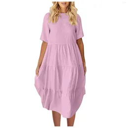 Casual Dresses Fashion Women'S Loose Cotton Linen Round Neck Short Sleeve Dress Long Formal Occasion Luxury Evening Y2k
