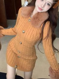 Casual Dresses 2024 Winter Elegant Warm Turndown Collar Faux Fur Short Dress Women Long Sleeve Female Korean Fashion Y2k