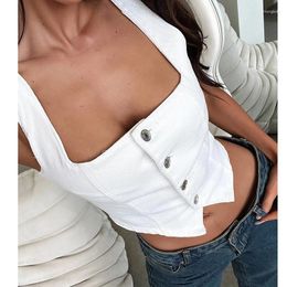 Women's Tanks Women Fashion Y2k Denim Vest Sleeveless Boat Neck Button Down Crop Jean Top Slim Backless Smocking Aesthetic