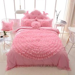 Bedding Sets Pink Big Lace Flowers Set Luxury Korean Princess Wedding Solid Color Duvet Cover Bedspreads Bed Skirt Pillowcases Cotton