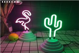 Dropship 3D Flamingo Cactus Shaped Neon Nightlight DC 5V Pink Green Handcrafted Glass Tube Neon Lamp For Festival Decoration4810243