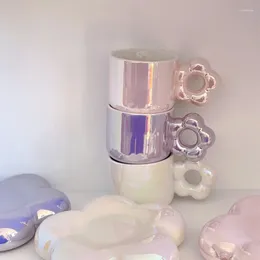 Mugs Korean Fresh Cute Flower Coffee Cup And Saucer Pearl Dazzling Girl Sense Ceramic Afternoon Tea Kitchen Supplies