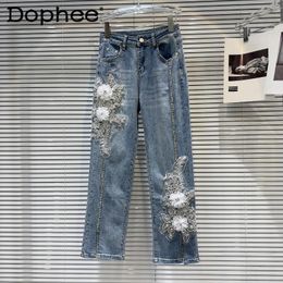 Women's Jeans 2024 Spring Rhinestone Flower Embroidery Beaded Studded Girl Straight For Women Blue Denim Pants