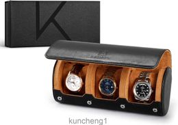 Luxury Watch Roll KW6M PLUS-BK - Premium Leather Travel Watch Case for 3 Watches - Anti-Scratch Protection - Exquisite Watch Roll Storage - Modern Watch Box