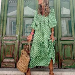 Women Boho Floral Print Dresses Summer Elegant Fashion Ruffles Vneck Long Robe Female Casual Loose Beach Holiday Maxi Dress 240408