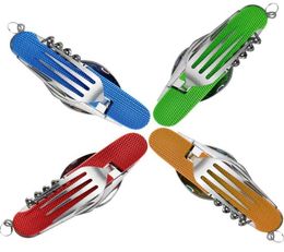 multipurpose outdoor Foldable Tableware folded table knife spoon bottle opener 6 in1 camping Tools Fork Army Fruit Knife EDC tools2573778