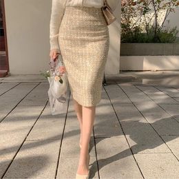 Skirts Apricot Knit Midi Skirt For Woman Back Slit Formal Pencil Spring Autumn Shiny Lurex Sheath Bandage Office Women Clothes